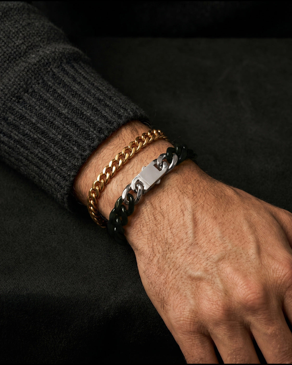 Pulsera Clásica de Eslabones Cubanos de Nefrita Verde Oscura