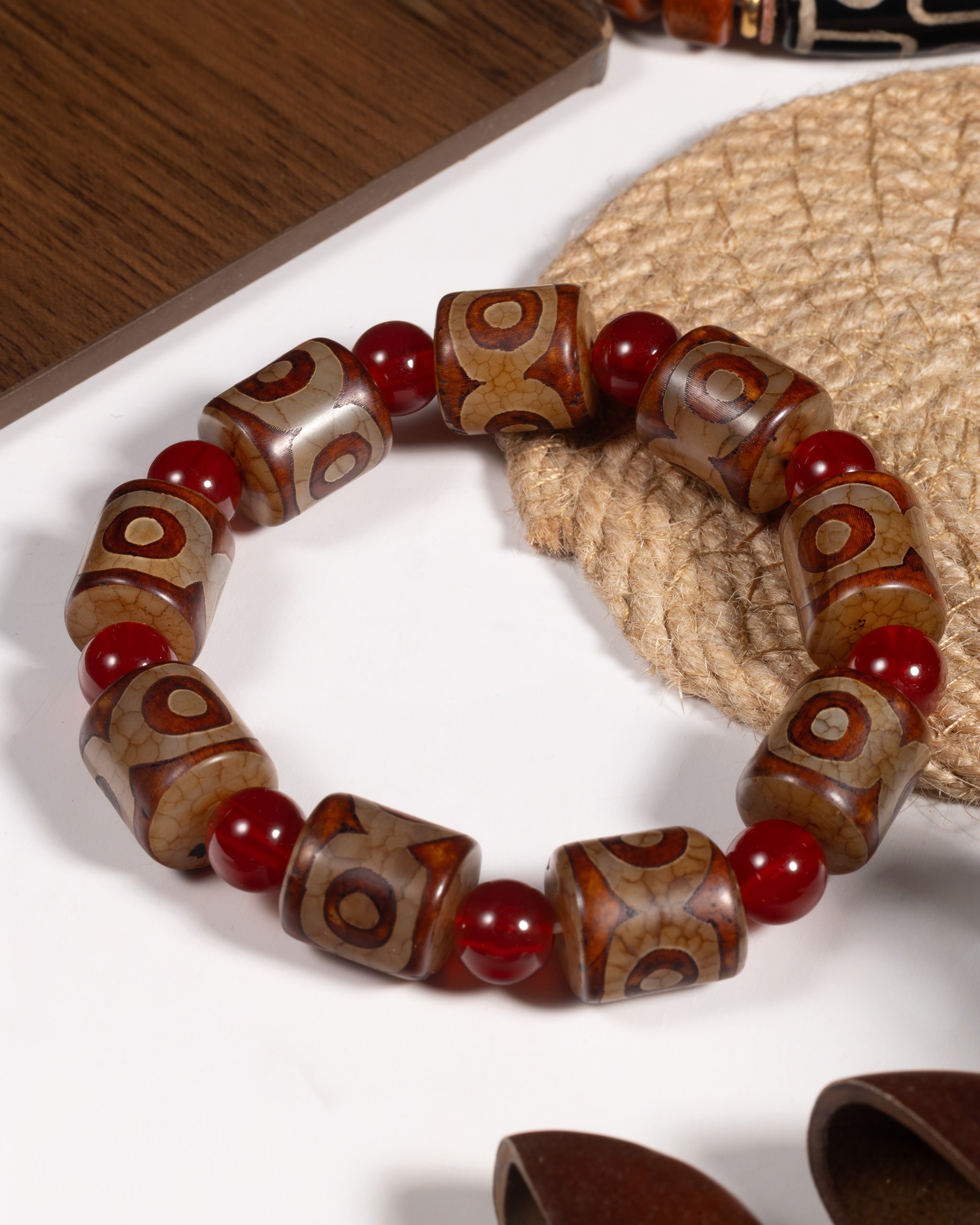 Multi Three Eye Dzi Bead Bracelet In Cylinder-Cut Tibetan Agate
