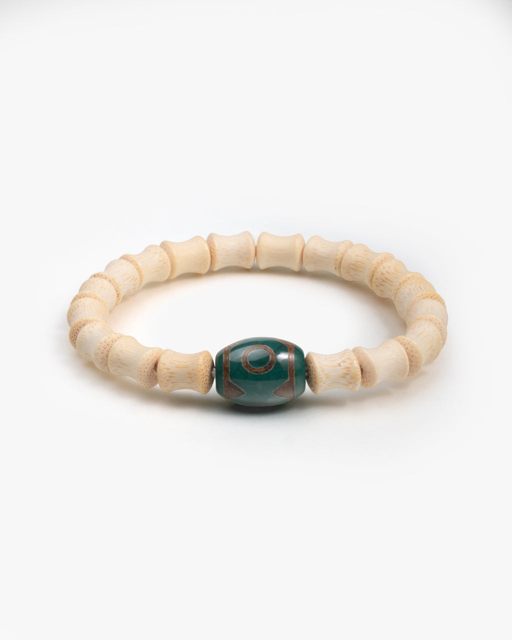 Three Eye Dzi Bead Bracelet In Tibetan Agate With Bamboo